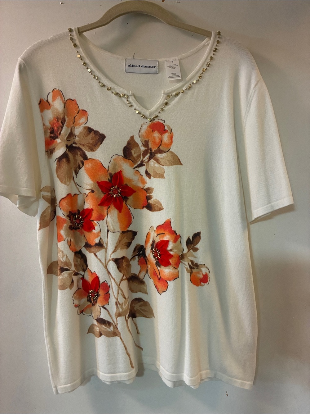 Alfred Dunner Ivory Short-Sleeve Floral Tee with Beaded Neckline